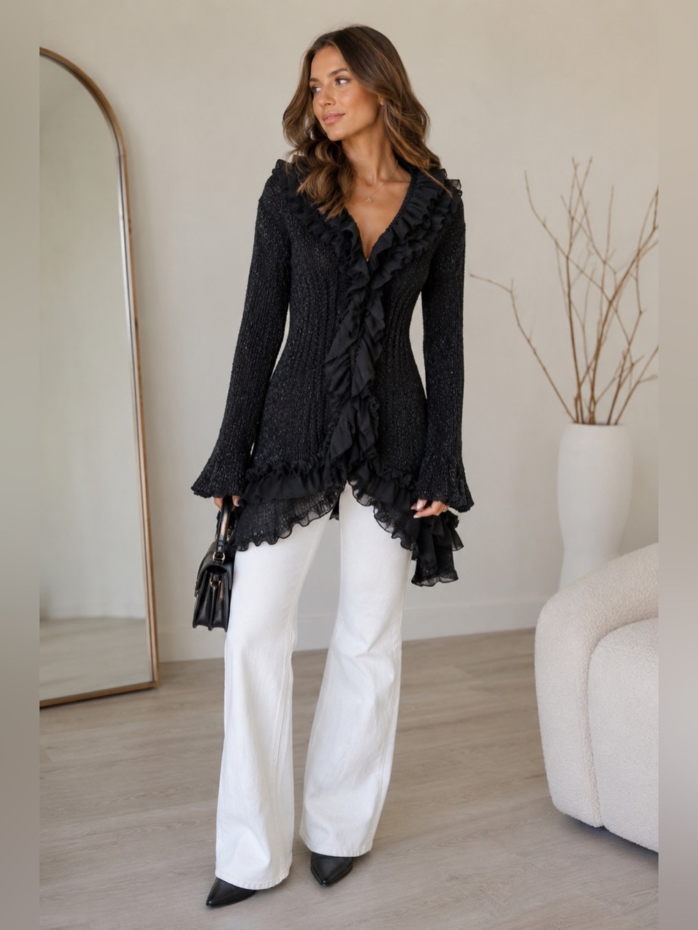 Pretty Angel Black Ruffle Trim Long Cardigan Sweater